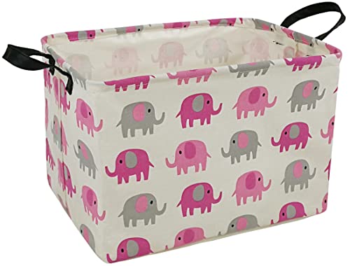 Rectangular Storage Bin Shelf Basket Canvas Fabric Toy Box,Waterproof Coating Nursery Hamper with Handles,Gift Basket for Home,Office,Clothes,Books(pink grey elephant)