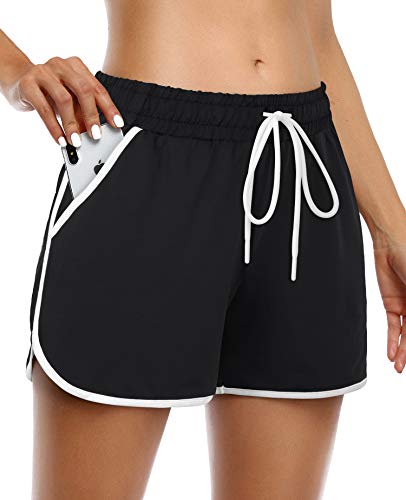 KORALHY Shorts for Women Summer, Women’s Athletic Running Shorts Quick-Dry Gym Shorts with Pockets Workout Sports Walking Jogging Hiking Training Exercise Clothes Black White Small