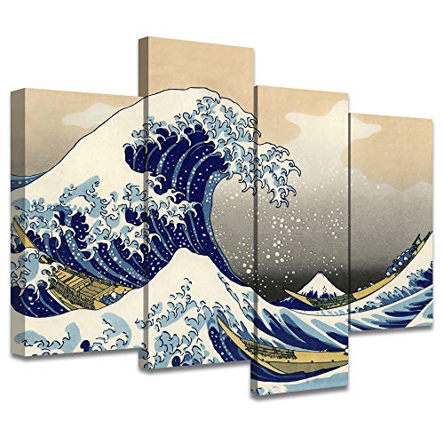 SIGNLEADER 4 Panel Large Japanese The Great Wave Landscape Canvas Wall Art for Living Room Bedroom Home Office Wall Decor – 48″x35.75″