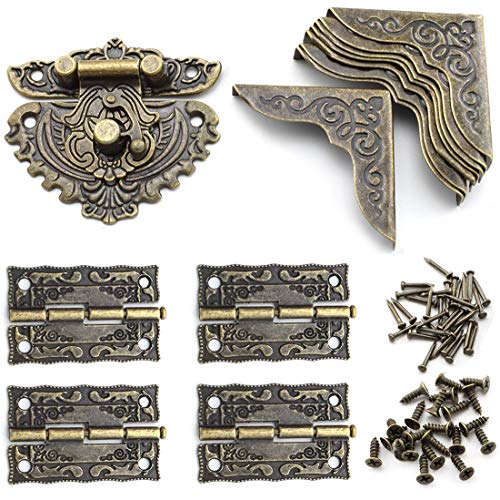 SDTC Tech Antique Engraved Latch Hasp Hinges and Box Corner Protectors Hardware Kit for Jewelry Box Decoration and Repair