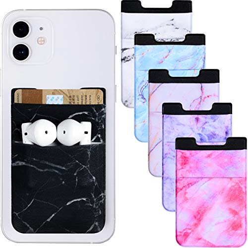Weewooday 6 Pieces Phone Card Pocket Holder Stretchy Spandex Wallet Pocket Marble Pattern Double Pouch Credit Card ID Case Pouch Sleeve Adhesive Sticker Phone Wallet Pocket for Most Smartphones