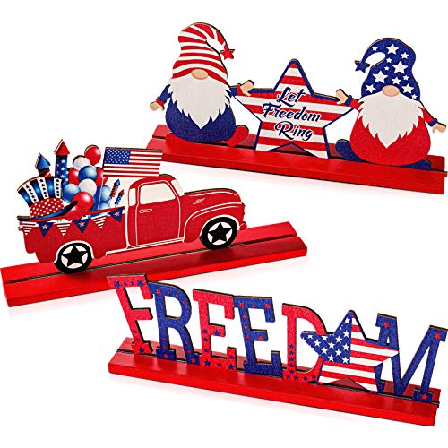 3 Pieces Patriotic Table Decoration Signs Memorial Day Table Decor Wooden Table Centerpieces Sign Independence Day Table Topper for 4th of July Party Desk Home Decor