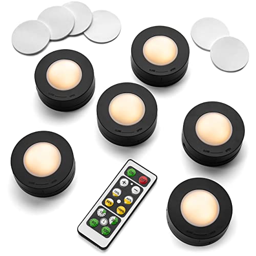 Under Cabinet Lighting (Black) Set of 6 – Wireless Remote Controlled Dimmable Auto-Off LED – 3000K Warm White Battery Operated Lights – Low Profile Puck – Low Power Consumption