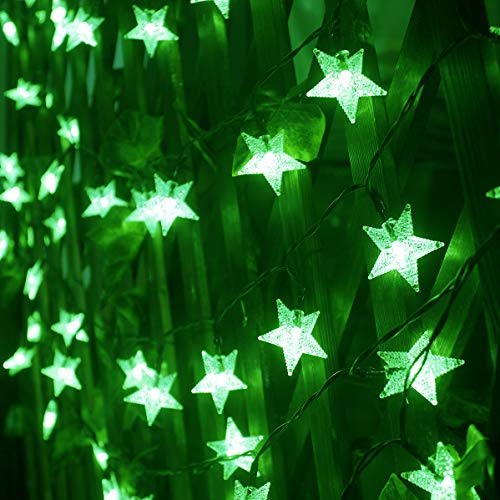 Xingpold Solar Christmas Star String Lights Outdoor Waterproof, 8 Modes 50 LED Solar Star Fairy Lights Solar String Light Outdoor St. Patrick’s Decor Light for Garden Patio Yard Tent Home Party Green