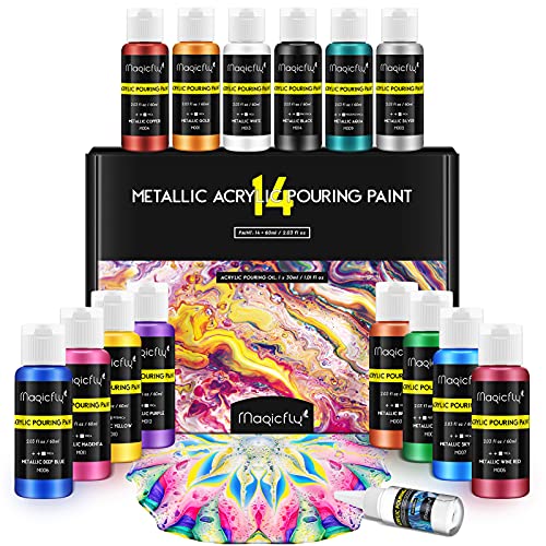 Magicfly Metallic Acrylic Pouring Paint with Acrylic Pouring Oil, 14 Metallic Colors(60 ml/2 oz) Pre-Mixed High Flow Pour Paint for Halloween Decorations, Acrylic Pouring Paint Supplies for Canvas, Wood, Rocks & More