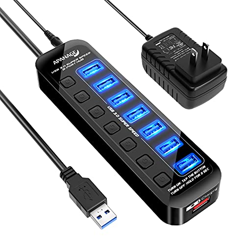 Apanage Powered USB 3.0 Hub, 8 Port USB 3.0 Hub Splitter with 7 USB 3.0 Data Ports and 1 Smart Charging Port with Individual On/Off and 5V/4A Power Adapter USB Extension for MacBook, Mac Pro…
