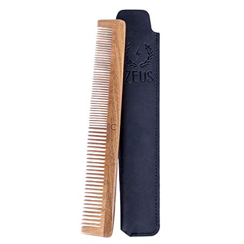 ZEUS Sandalwood Beard & Mustache Comb w/Leather Sheath. Handmade Saw-Cut, Anti-Static Comb – L31