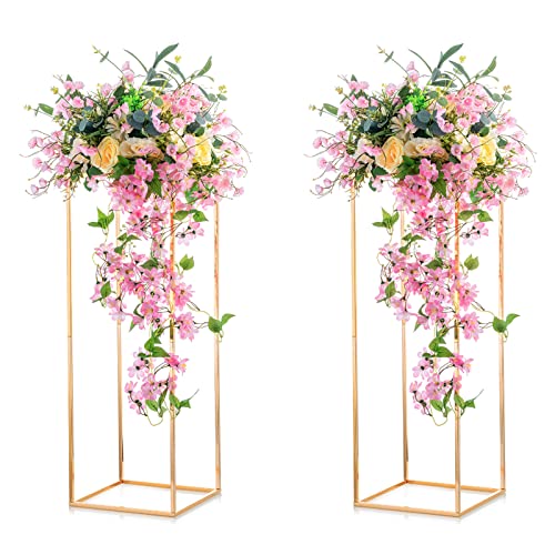 NUPTIO 2 Pcs Metal Flower Floor Vase Column Flower Stand Geometric Centerpieces Vase for Tables, 31½ inch Tall Gold Flower Holder for Home Party Wedding Decorations, Rectangular Flower Display Rack