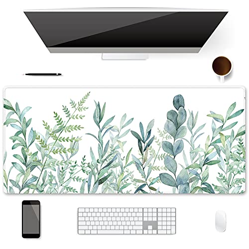 Extended Gaming Mouse Pad (35.4×15.7 inch 3mm Thick), iDonzon Soft Cute Extra Large XXL Waterproof Thicken Desk Mouse Keyboard Mat with Non-Slip Rubber Base & Stitched Edges, Green Plants