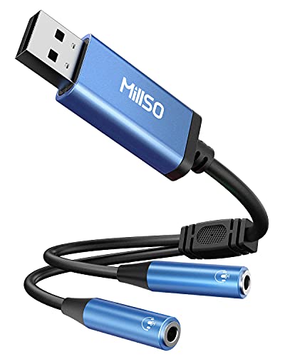 MillSO USB to Dual 3.5mm Audio Jack Adapter, Sapphire Blue TRRS External Stereo Sound Card Headphone Stereo Jack Splitter for Two Headphones, Speakers to a PC, Laptop, Desktop, PS4, PS5-1 Feet