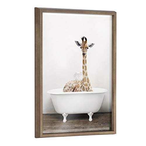 Kate and Laurel Blake Giraffe 2 in Tub Color Framed Printed Glass Wall Art by Amy Peterson Art Studio, 18×24 Gold, Decorative Zoo Animal Art for Wall
