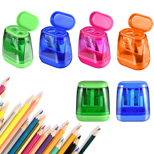 Pencil Sharpeners, Manual Pencil Sharpener, 6PCS Dual Holes Handheld Pencil Sharpeners with Lid for Kids Adults School Office Home Supply Colorful