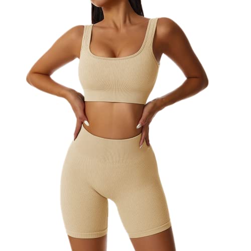 ABOCIW Workout Sets for Women 2 Piece Ribbed Seamless Yoga Outfits High Waist Running Biker Shorts and Padded Sport Bra Tank Tops Sets Activewear Tracksuits Gym Clothes Beige Medium