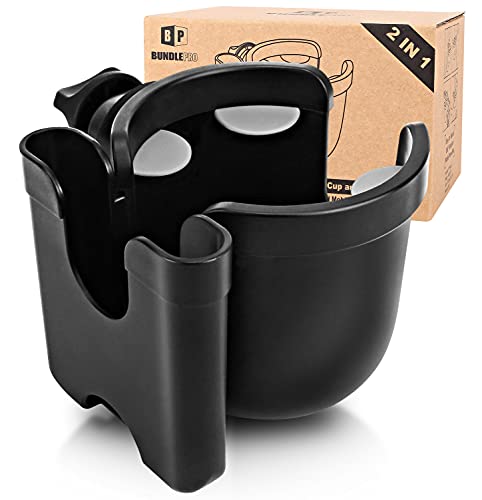 Universal Stroller Cup Holder with Mobile Phone Case, 2-in-1 Strollers Storage Rack, 360 Degrees Rotation Drink Holder for Bike, Pushchair, Wheelchair, Walker,Bicycle, Fits Most Cups