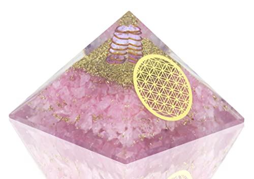 Orgone Pyramid Rose Quartz Crystal Attract Love Positive Relationship- Flower of Life Symbol Chakra Balance Orgonite Crystal Pyramid – Generate Spiritual Positive Yoga Meditation Energy – Abundance Empath Healing Stone Pyramid