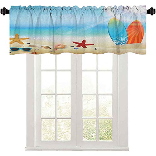 Kitchen Window Valance, Holiday Theme Sunglasses Beach Summer Surfboard Daytime Sunny Starfish Seashells, 36″ W x 18″ L Room Darkening Valances for Bathroom, Multicolor