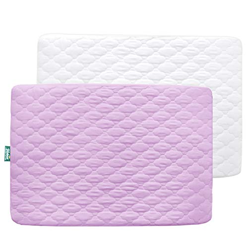 Pack n Play Sheet Quilted Waterproof Protector, 2 Pack Premium Fitted Pack n Play Pad Cover 39″ X 27″ fits for Baby Foldable and Playard Mattress, Portable Mini Crib, White &Lavender