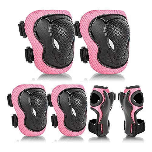 Wuszna Knee Pad Elbow Pads Guards Protective Gear Set, Adjustable Kids Roller Skates Rollerskates Accessories for Toddler Child Sports Scooter, Skateboarding, Biking, Roller Skating (Pink)