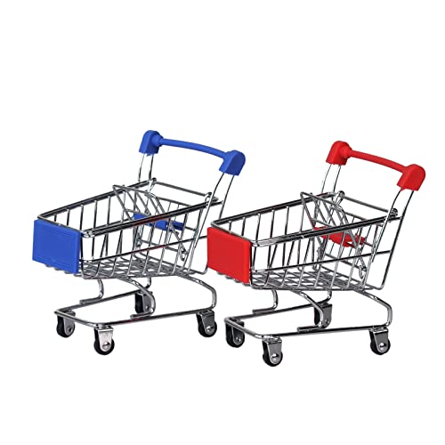 Mini Shopping Cart Toys, Trolley Model Toys, Tabletop Mini Storage Decorations(Blue, Red 2 Pieces) Toy Shopping cart