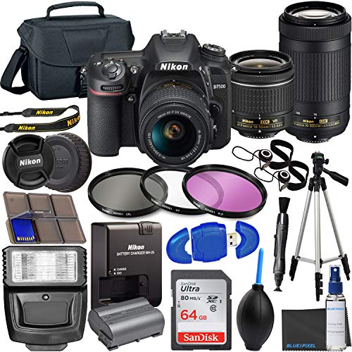 Nikon intl D7500 DX-Format Digital SLR w/AF-P DX NIKKOR 18-55mm f/3.5-5.6G VR Lens & AF-P DX 70-300mm f/4.5-6.3G ED Lens + 64GB Card, Tripod, Flash, 3 Piece Filter Kit, Case, and More
