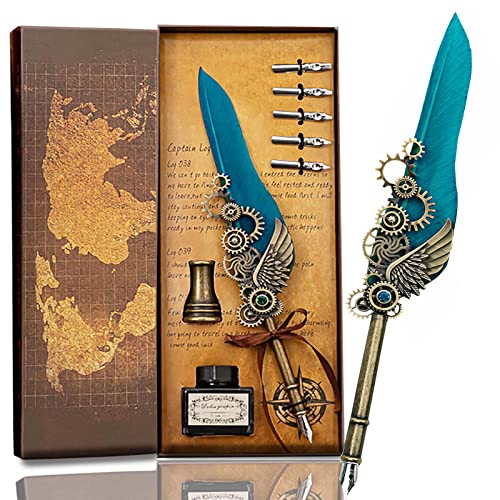 Jubapoz Feather Pen Calligraphy Pen and Ink Set Antique Quill Pen Refillable Ink Dip Pens for Writing, Drawing, Signature, Wedding, Birthday Gifts, Retro Decoration (Green)