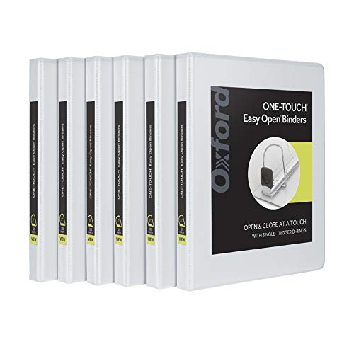 Oxford 3 Ring Binders, 0.5 Inch ONE-Touch Easy Open D Rings, View Binder Covers on 3 Sides, Durable Hinge, Non-Stick, PVC-Free, White, 6 Pack (79902)