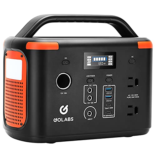 GOLABS i200 Portable Power Station 256Wh LiFePO4 Battery with 110V/200W AC Pure Sine Wave, PD60W QC3.0 12V DC Outlet and LED Light, Solar Generator Backup Power Supply for CPAP Emergency Home Power Outage Camping Fishing Outdoor