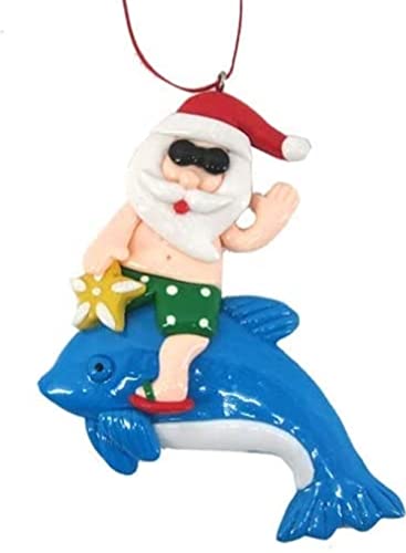 Santa on Dolphin Christmas Ornament, Sea Life Ocean Decor, Nautical Tree Decorations by Christmas Market Ornaments – Blue with Starfish (Coastal Collection)