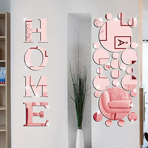 Home Sign Letters Acrylic Mirror Living Room Wall Stickers Solid Circle Wall Stickers DIY 3D Mirror Wall Decals Removable Mirror Wall Stickers for Home Decoration (Rose Gold)