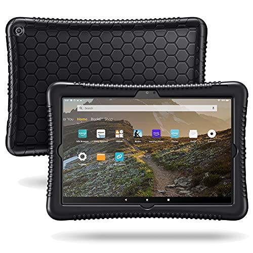 Fintie Silicone Case for All-New Fire HD 10 and Fire HD 10 Plus Tablet (Only Compatible with 11th Generation 2021 Release) – [Honey Comb] Kids Friendly Light Weight Shock Proof Back Cover, Black