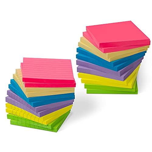 JARLINK 24 Pads Sticky Notes, 6 Bright Colors 3×3 Inches Self-Stick Pads, Easy to Post for Home, Office, Notebook, 70 Sheets/Pad, 2 Choices (Normal/Line)