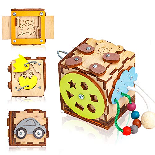 Wooden Activity Cube for Toddlers 1-3 Year 6in1 Car Lacing Beads Puzzles – 3.15 х 3.15 h – Sensory Busy Board – Travel Plane Handmade Fidget Toys – Baby Kids Montessori Activities