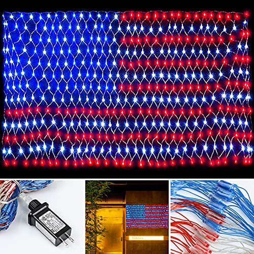 MUYUN American Flag Lights Solar Powered&Plug-in, 420LED Flag Net Light with Remote, 8 Modes Fairy String Light for Christmas Decorations Party Home Decor July 4th Independence Day
