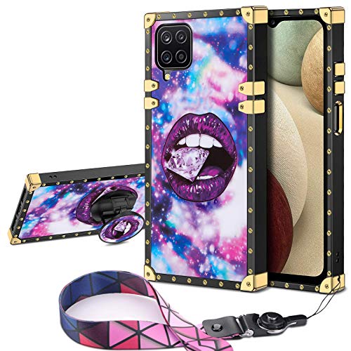 JAKPAK for Samsung Galaxy A12 Case with Kickstand for Girls Women Soft TPU Luxury Case with Strap Shockproof Protective Heavy Duty Metal Cushion Reinforced Corners Case for Galaxy A12 Lip Purple