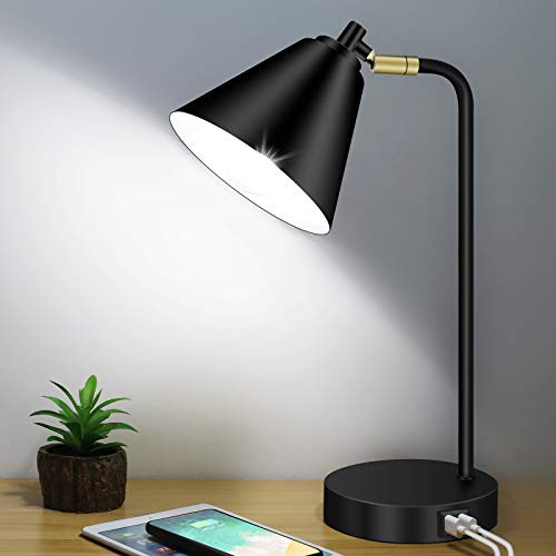 Industrial 3 Way Dimmable Touch Control Desk Lamp with 2 USB Ports & AC Outlet Bedside Nightstand Reading Lamp Flexible Head Farmhouse Black Table Lamp for Office Bedroom Living Room Bulb Included