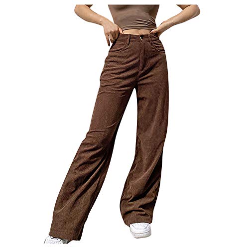 Corduroy Wide Leg Pants for Women High Waist Retro Straight Juniors Vintage Flared Bell Bottoms A-line Denim Pencil Trousers