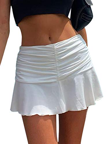 SAFRISIOR Women Ruched Ruffle Short Skirt High Waisted Stretch Pleated Tennis E-Girls 90s A-Line Mini Skirt White