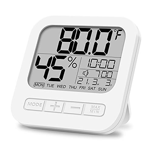PowGrow Indoor Thermometer Humidity Gauge, Digital Timer Alarm Clock with Date, Large Screen Indoor Thermometer Hygrometer with Big Digits Back Standing for Home, Room, Office, Greenhouse