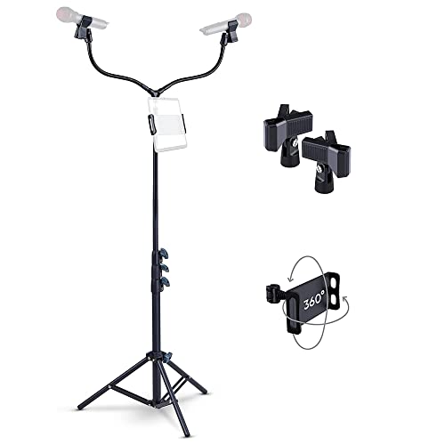Double Microphone Stand – Adjustable from 2.4ft to 6ft Inches High – with Two Bendable Arms and Smart Device Holder – Stand Up Tripod Base, 2023 Model (Black)