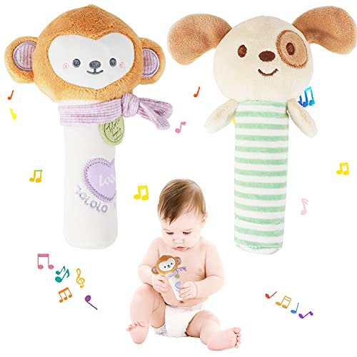 Funsland Baby Rattles Toys Soft Plush Hand Rattles Hand Grip Toys Stuffed Animal Rattles Shaker for 3 6 9 12 Months Infants Newborn 2 Pack