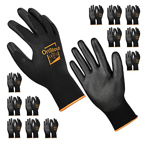 Work Gloves Bulk Pack of 12, Super Lightweight & Breathable, Men’s Safety Garden Gloves, PU Coated Working Gloves (Large, Black)