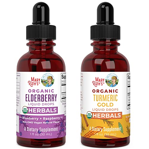 Elderberry Syrup & Turmeric Gold Herbals Bundle by MaryRuth’s | Organic Black Sambucus Liquid for Kids & Adults | USDA Organic Turmeric Gold Liquid Drops | Immune System Support | Non-GMO, Vegan