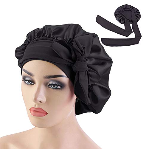 Wide Band Satin Bonnet Cap,Bonnets for Women,Silky Bonnet for Curly Hair,Women Hair Wrap for Sleeping (Black)