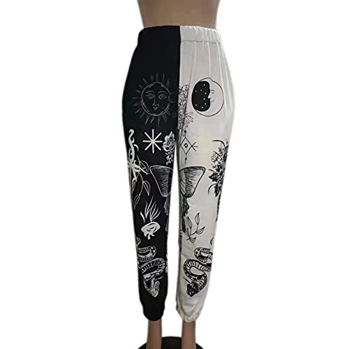 Women’s Graffiti Loose Casual Sweatpants Pants Trendy Printed Elastic Waist Ankle-Tied Street Jogger Pants Sweatpants (Black White Style 4, L)