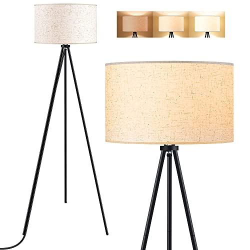BoostArea Floor Lamp for Living Room, Tripod Floor Lamp, 15W LED Bulb, 3 Levels Dimmable Brightness, Linen Lamp Shade, Mid Century Standing Lamp for Living Room, Bedroom, Study Room and Office
