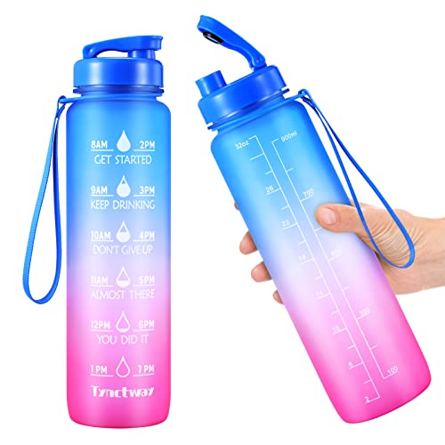 32oz Motivational Water Bottle with Time Marker Ensure You Drink Enough Water Throughout the Day – BPA Free & Portable Reusable Water Bottles for Fitness, Gym and Outdoor Sports (Blue/Pink-A1)