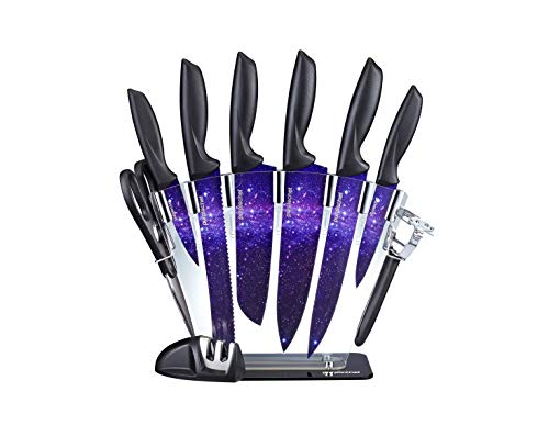 PurpleChef 10 Pieces Purple Galaxy Kitchen Knives Set. Includes 6 Stainless Steel Knives, Scissors, Knife Sharpener, Peeler, and Clear Acrylic Stand.