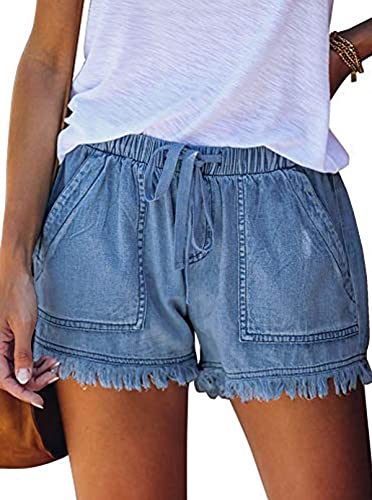 QACOHU Womens Summer Drawstring Pocketed Frayed Tencel Denim Jeans Shorts MBlue L Summer Summer Fashion Elastic Band Shorts Women