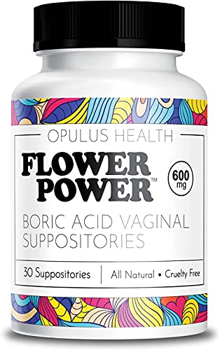 Flower Power Vegan Boric Acid Suppositories – 30 Capsules – 600mg for Vaginal Odor and pH Balance – Made in USA