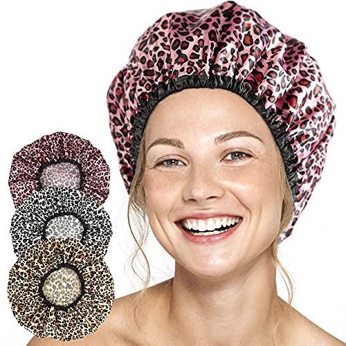 Shower Caps for Women 3 Pack in Different Designs – Large Opening for Short and Long Hair – Reusable Bath Hair Cap for Ladies, Men and Kids